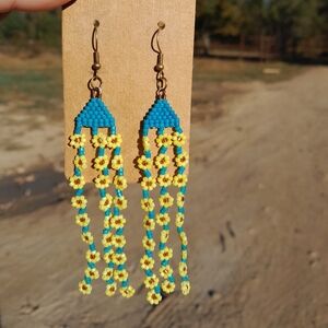 Turquoise And Sunflower Beaded Fringe Earrings